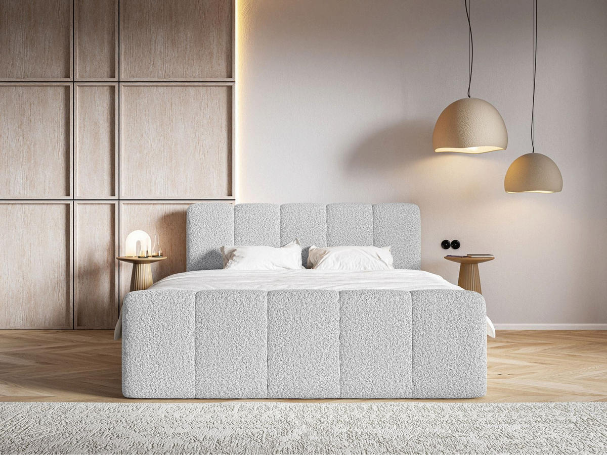 BOXBETT Cloudy II mit Bettkästen und Topper Bouclé Hellgrau, 180x200 cm - Hellgrau/Schwarz, Kunststoff/Textil (180/200cm) - Selsey