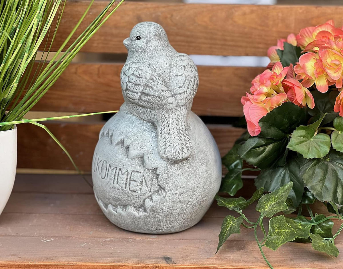 STEINFIGUR Vogel auf Kugel Willkommen frostfest Steinguss - Grau, Stein (15/22/15cm) - stoneandstyle