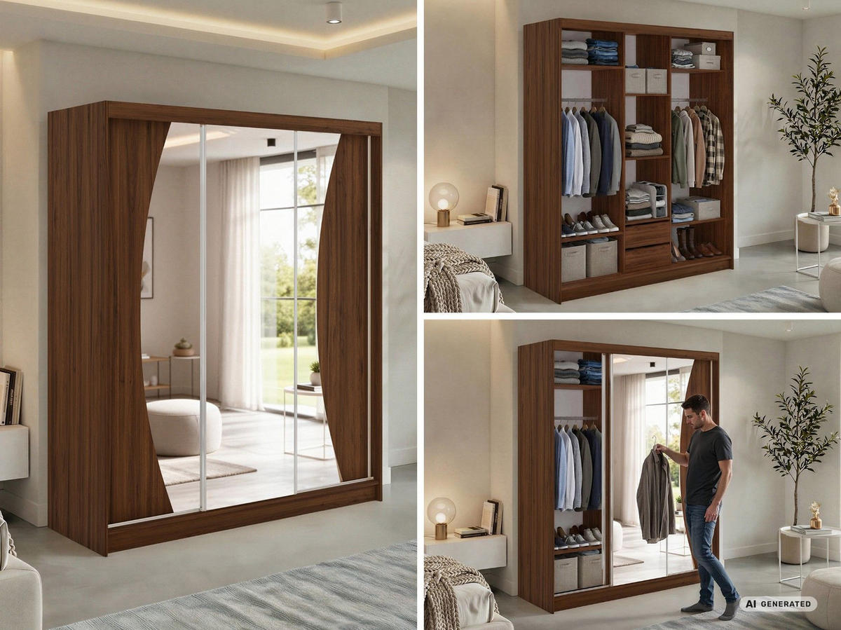 SCHWEBETÜRENSCHRANK mit Schubladen 180 - VERONA - Warmia Walnuss mit Spiegel - Walnussfarben/Alufarben, Holzwerkstoff/Metall (180/216/61cm) - MKS