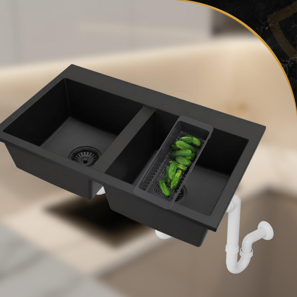 SPÜLBECKEN Twin Schwarz 800/490/205 mm - Schwarz, Stein (42/42/20cm) - Granitan