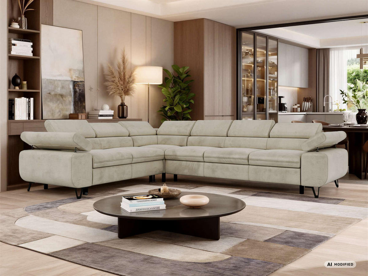 ECKSOFA NORDEN L - Beige Velvet - Rechts Seite - Beige/Schwarz, Textil/Metall (329/269cm) - MKS