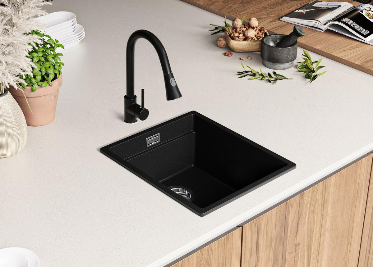 GRANITSPÜLE Praga Slim, 2-er set Schwarz 41/47 cm 1 Becken + Küchenarmatur 40/20 cm + Ablauf-Set + Aufrollbare Abtropffläche ab 45er Unterschrank - Chromfarben/Schwarz, Kunststoff (41/20/47cm) - Primagran