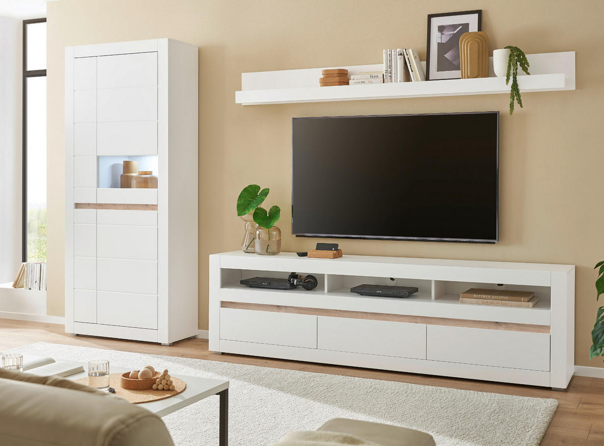 WOHNWAND weiß, Evoke Eiche, Kombination 3-teilig, Soft-Close-Funktion und Beleuchtung - Silberfarben/Weiß, Holz/Holzwerkstoff (312/198/42cm) - Furn.Design