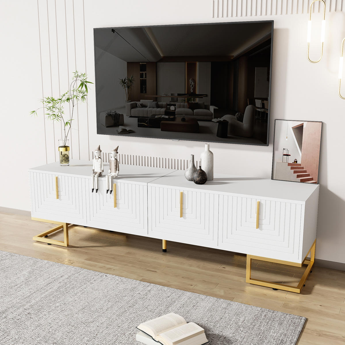 LOWBOARD in Weiß und Gold TV-Schrank mit strukturierter Tür für Wohnzimmer, B170/T40/H45.5 cm - Goldfarben/Weiß, Holzwerkstoff/Metall (170/45.5/40cm) - STILVORA