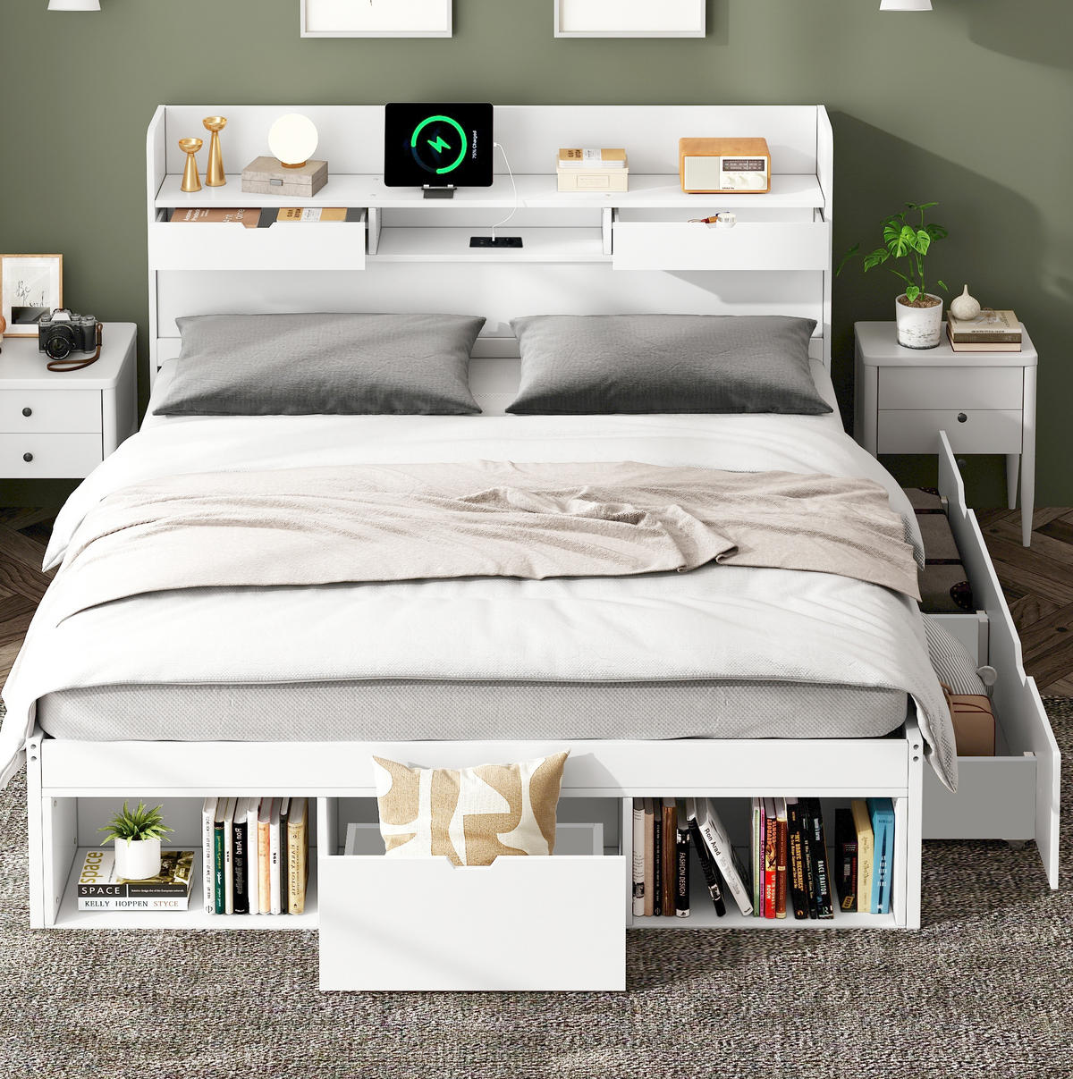 JUGENDBETT 140/200 cm aus Kiefer mit USB-Anschluss und großem Stauraum Weiß - Weiß, Holzwerkstoff (140/200cm) - Modenvie