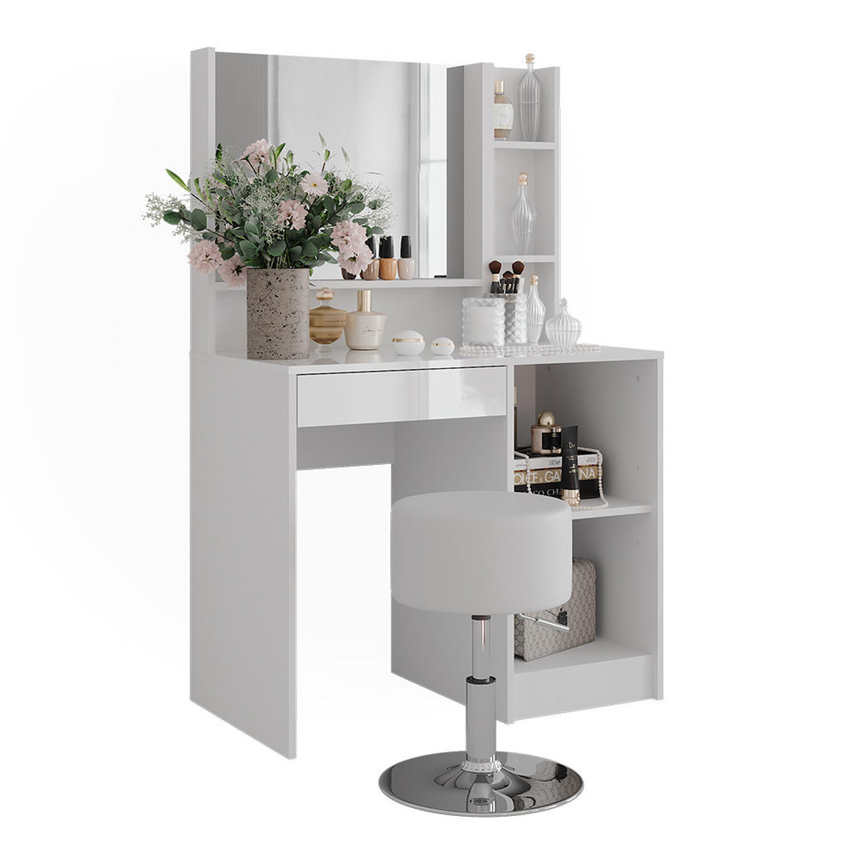 SCHMINKTISCH Sherry Weiß/Weiß Hochglanz 89.8 cm 4 Teile - Weiß Hochglanz, Holzwerkstoff (89.8/76/50.1cm) - Vicco