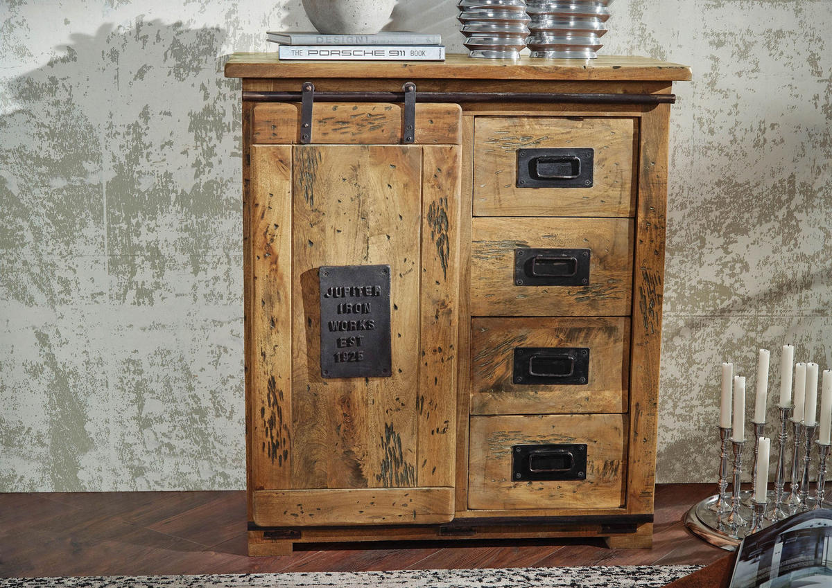 KOMMODE Mango 90x45x100 natur lackiert RAILWAY #103 - Braun, Holz (90/100/45cm) - Massivmoebel24