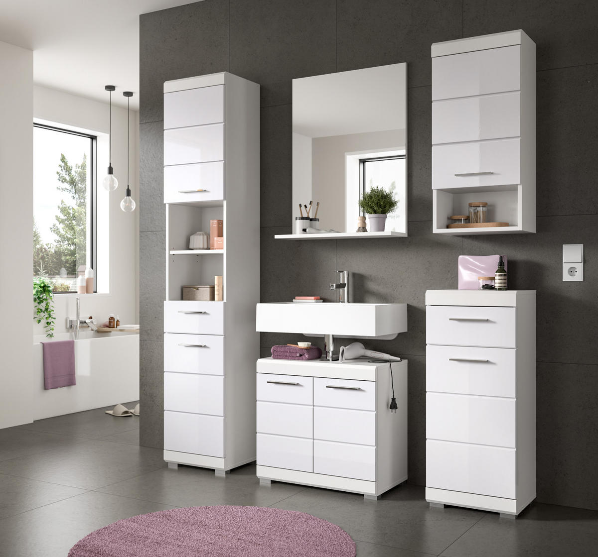 WASCHBECKENUNTERSCHRANK weiß Hochglanz 60 cm mit Rillenoptik - Weiß Hochglanz/Silberfarben, Holzwerkstoff/Kunststoff (60/56/34cm) - Inn.Furn