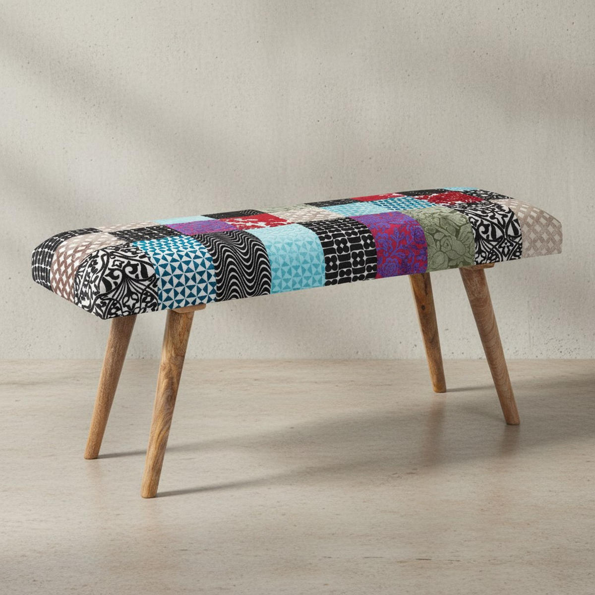SITZBANK – Patchwork-Stoff, Massivholzbeine - Multicolor/Braun, Mangoholz/Textil (117/51/38cm) - KADIMA DESIGN