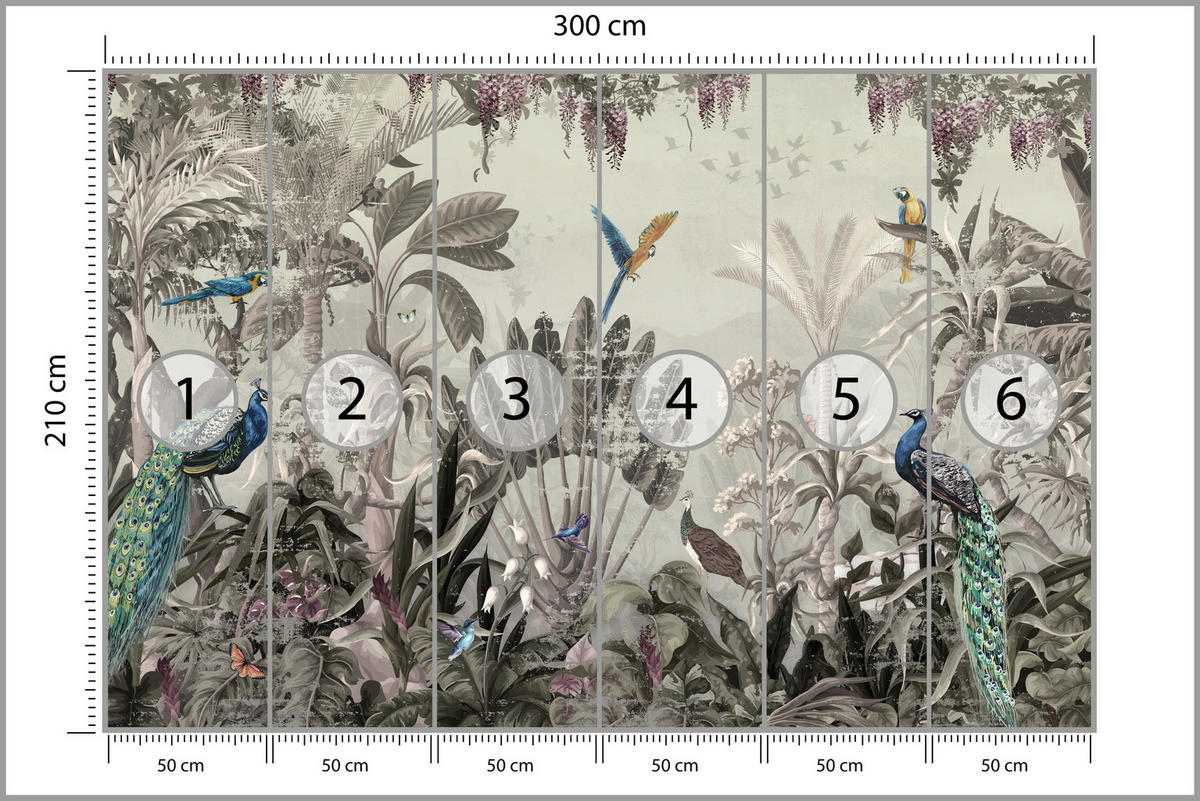 FOTOTAPETE für Wohnzimmer Vintage Tropenwald Palmen Papageien 300x210 - Beige/Grün, Papier (300/210cm) - Muralo