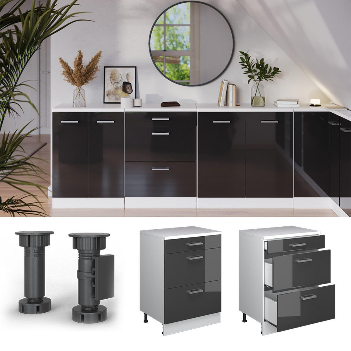 OMARICA ZA PODSTREŠJE Rion Antracit z visokim sijajem 60 x 81.6 cm brez naklona z 2 predaloma - črna/bela, leseni material (60/83.8/46cm) - Vicco