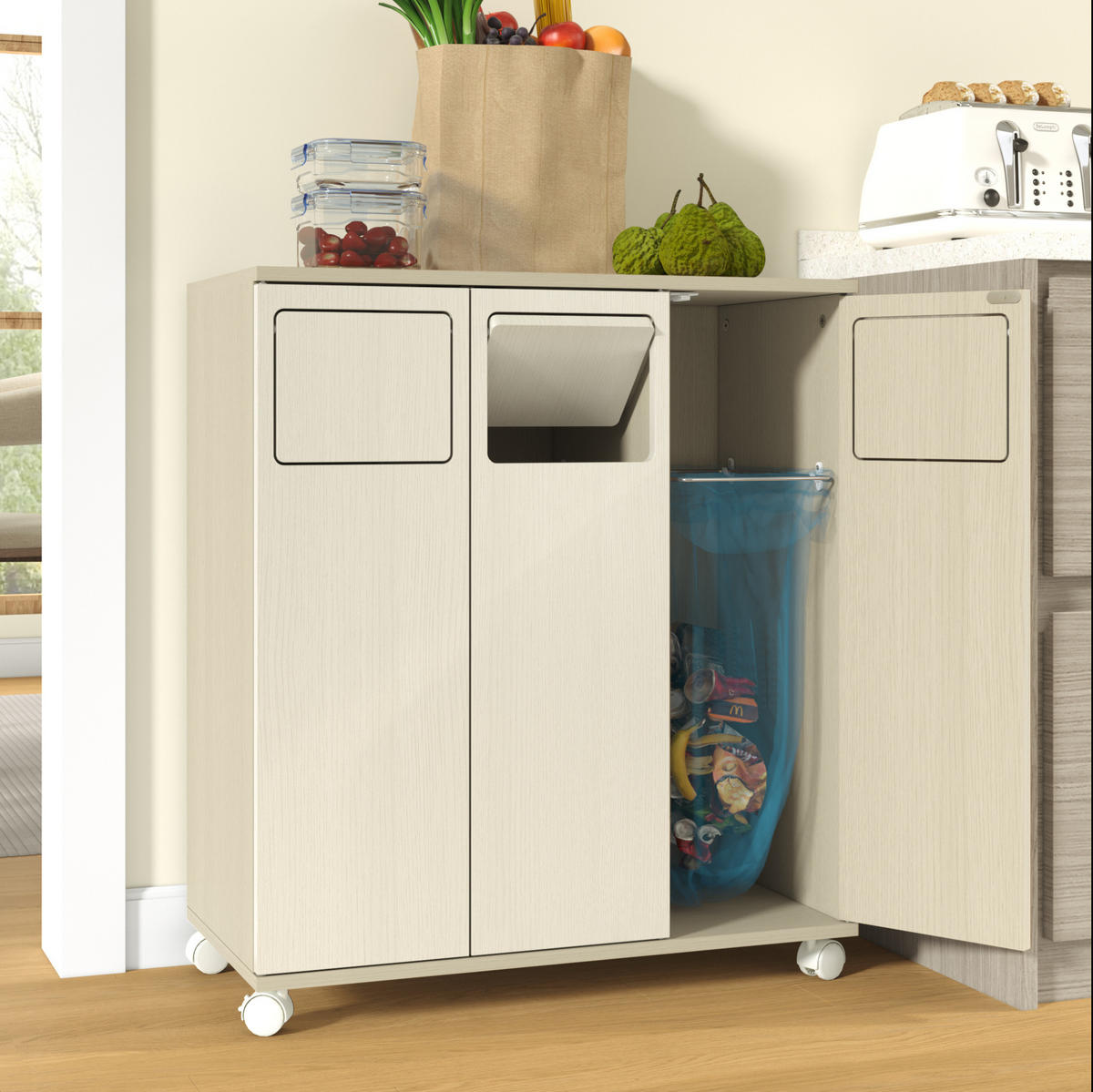 KOMMODE 69,3/35/80 cm aus MDF mit 3 Fächern, 180°-Türen und Rollen, Weiß - Weiß, Holzwerkstoff (70/80/35cm) - Redom