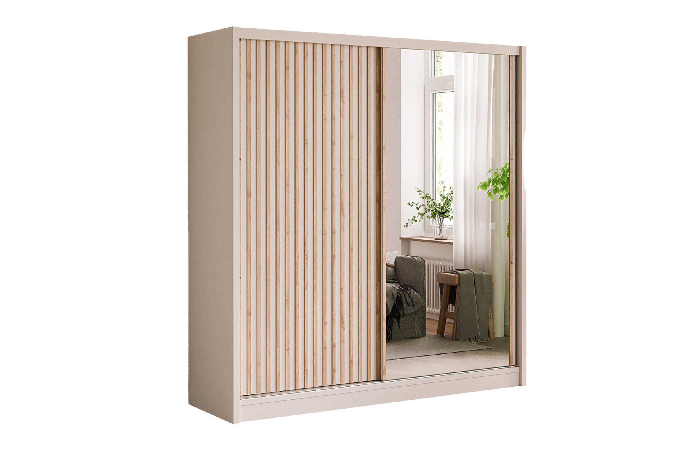 SCHWAEBETÜRENSCHRANK NEW YOURK LUX 203/215/61 cm in Kaschmir mit Lamellen und Spiegel - Kaschmir, Holzwerkstoff (203/215/61cm) - Deine Möbel 24