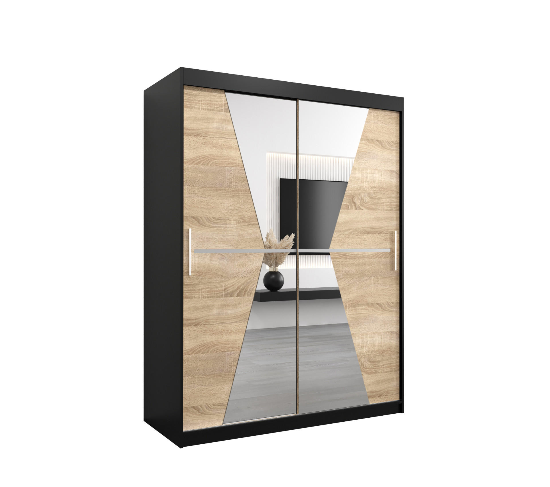 Abiks Möbel Schwebetürenschrank Schwarz, Sonoma Eiche 150x200x62 cm