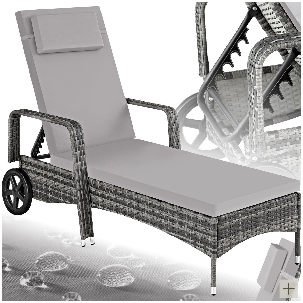 RATTAN-SONNENLIEGE ,200 x 70 x 33 cm,grau/hellgrau - Grau, Kunststoff (70/33/200cm) - tectake