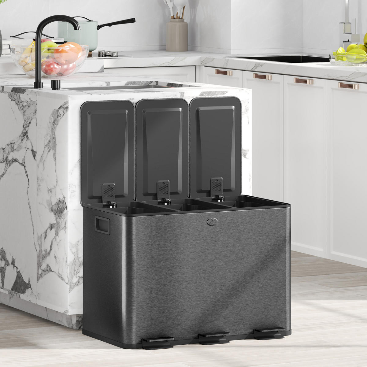 MÜLLEIMER DE-08956 mit 3x20 L Fächern, Soft-Close Schwarz - Schwarz, Metall (36.6/56.7/61.9cm) - ComfortXL