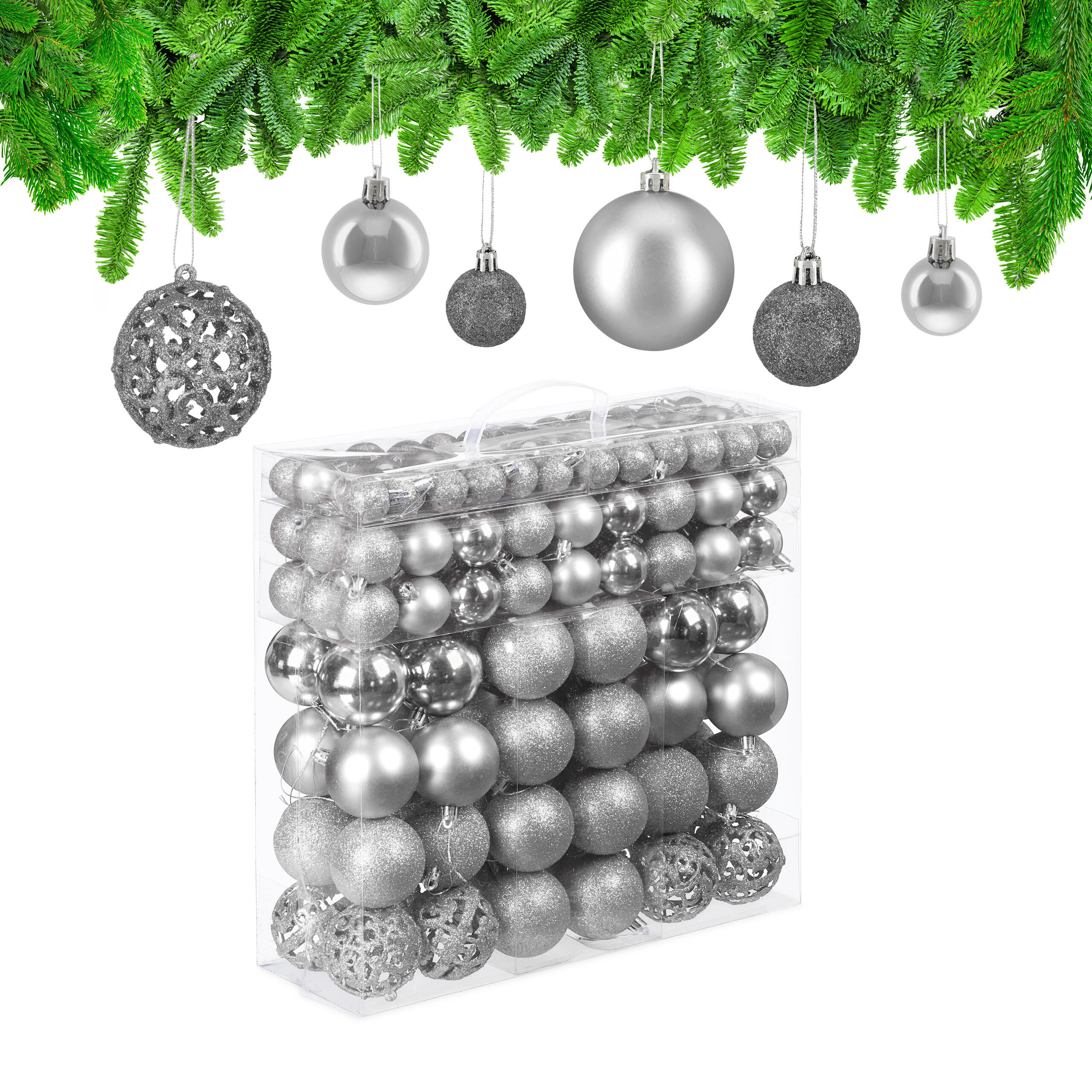 WEIHNACHTSKUGELN-SET 150-tlg. - Silberfarben, Kunststoff (6/7/6cm) - Relaxdays