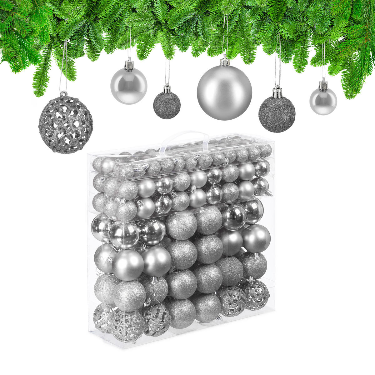 WEIHNACHTSKUGELN-SET 150-tlg. - Silberfarben, Kunststoff (6/7/6cm) - Relaxdays