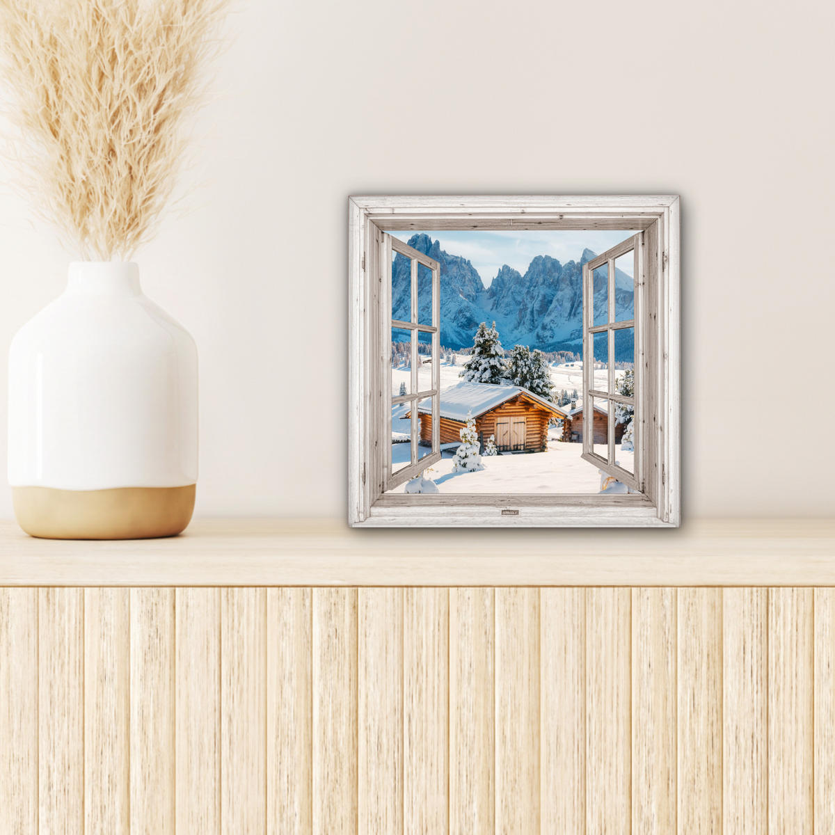 LEINWANDBILD Winterlandschaft - Hütte - Berge - Ausblicke - Aussicht - Natur 20x20 cm - Weiß Hochglanz, Textil (20/20cm) - MuchoWow