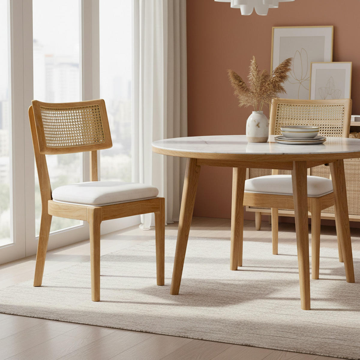 ESSZIMMERSTÜHLE 2er-Set aus Massivholz & Rattan Leinen-Polster in Naturfarben - Naturfarben, Holzwerkstoff (50/88/58cm) - Urban Meuble