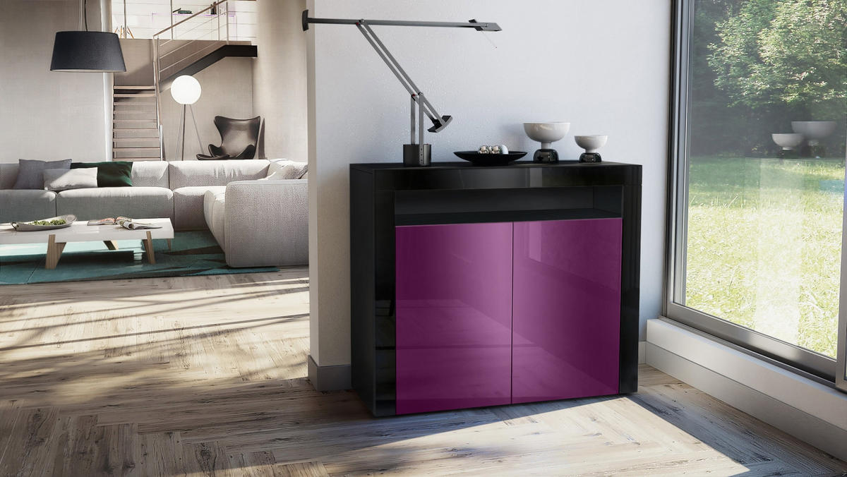 KOMMODE Valencia Brombeer Hochglanz / Schwarz Hochglanz - Brombeere/Schwarz, Holzwerkstoff (108/92/40cm) - Vladon