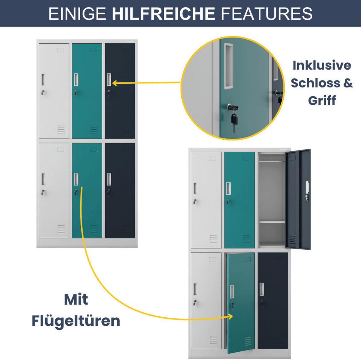 UMKLEIDESCHRANK Spind TOKIO 6 Abteile 185x90x45cm Grau-Blau-Anthrazit - Grau, Metall (90/185/45cm) - DELUKE