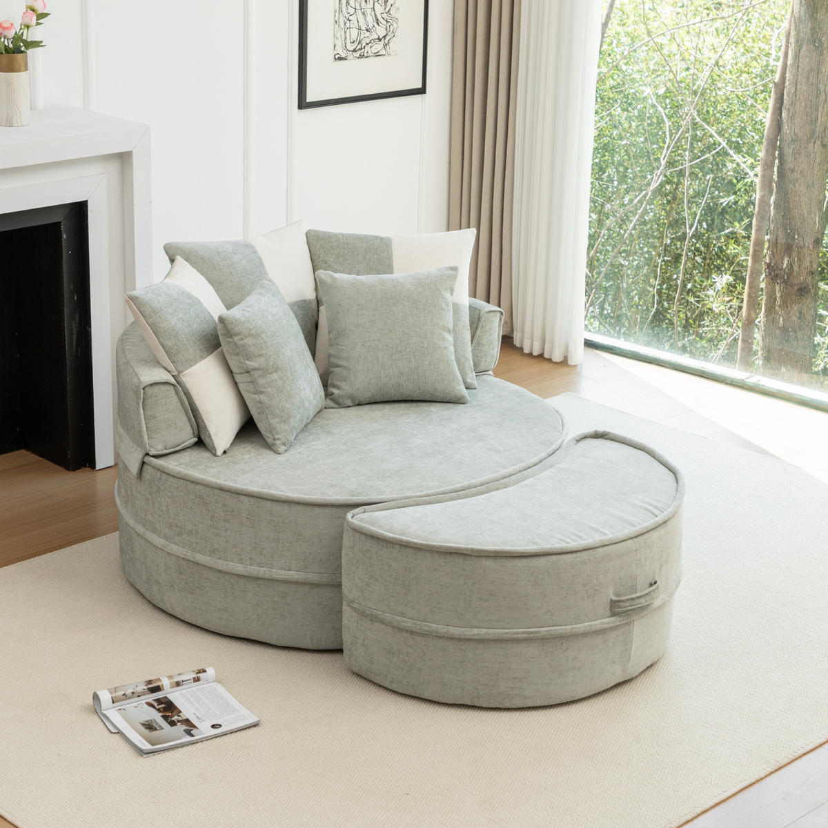 SOFA Chenille Mintgrün mit Hocker und Kissen - Grün, Textil (163/66/121cm) - WISHDOR