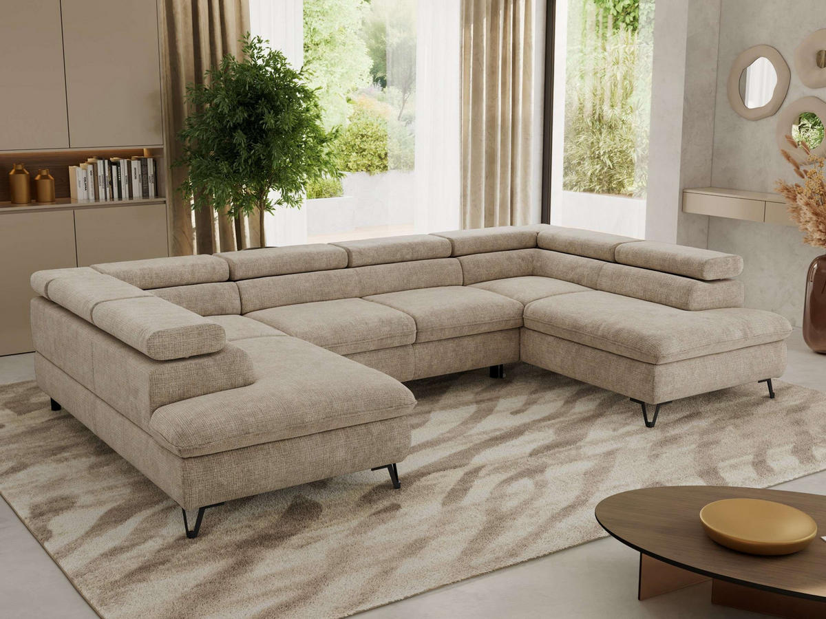 WOHNLANDSCHAFT PABLO U Schenille grob gewebt Beige mit Topper Visco - Beige/Schwarz, Textil/Metall (346/76/208cm) - MKS