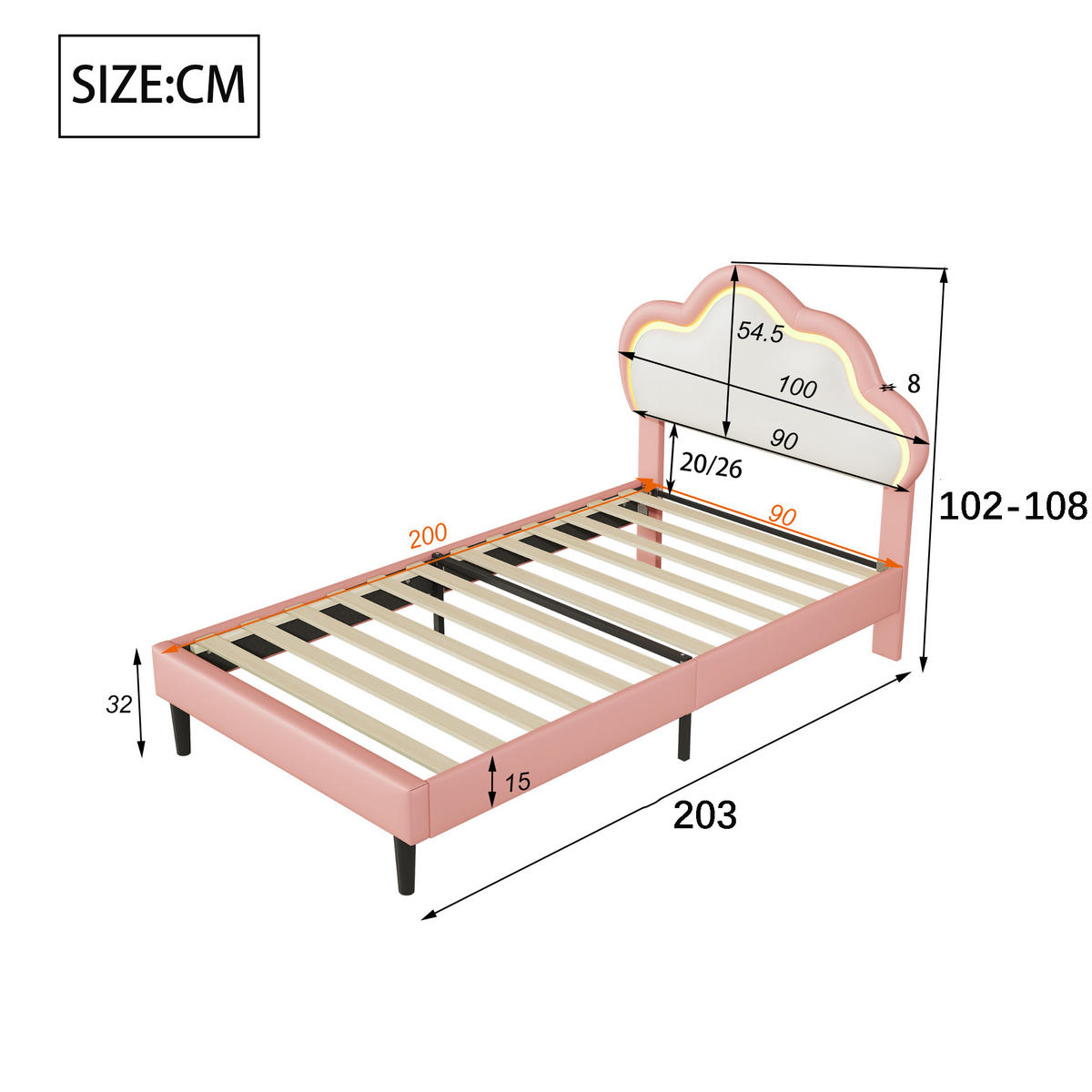 POLSTERBETT 90x200, einzelbett, Bettgestell 90 x 200 mit Kopfteil in Wolkenform, Lattenrost, LED, PU, rosa - Pink, Leder/Holz (90/200cm) - GENKI LIVING