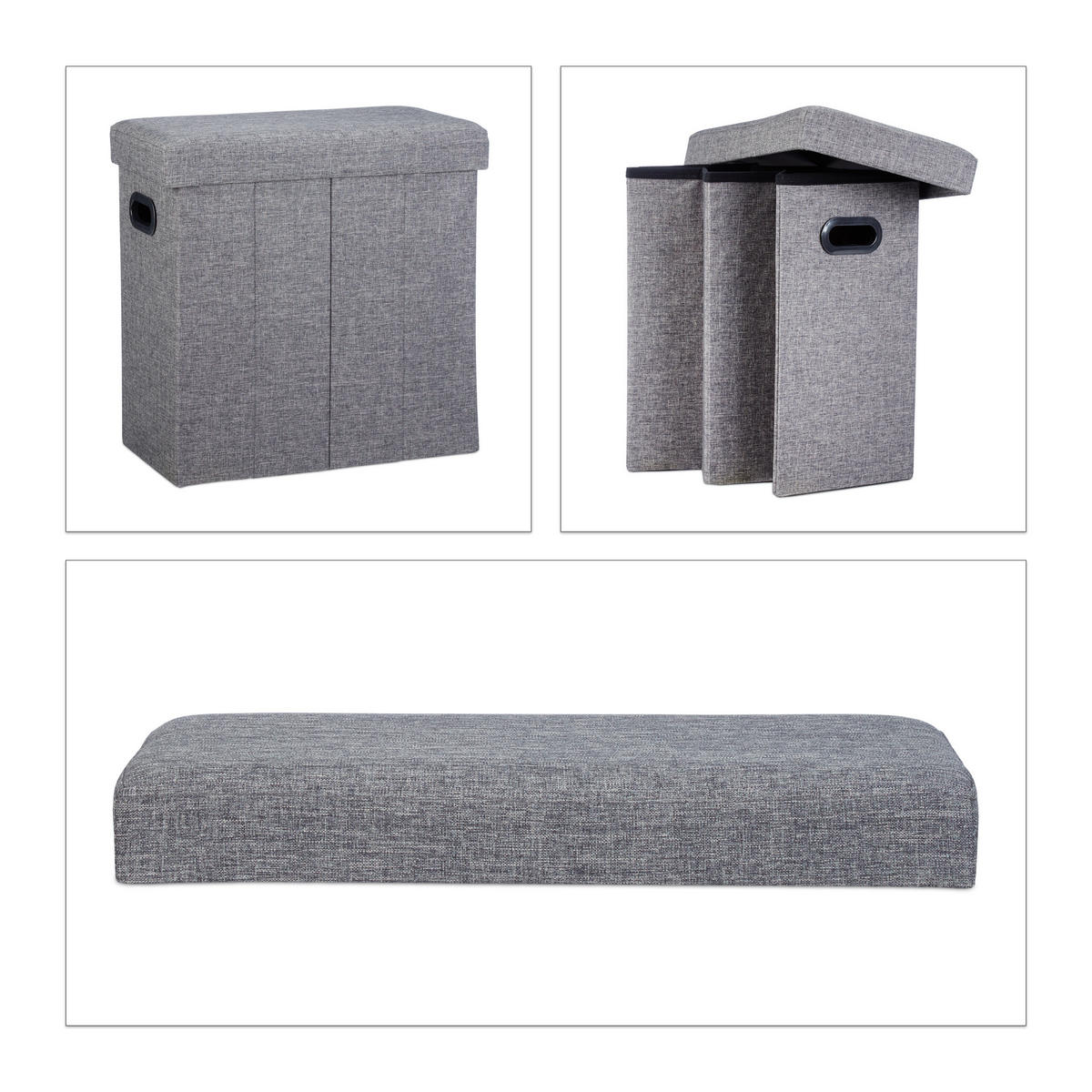 TABURET Tamnosiva sklopivi s prostorom za pohranu 49,5 cm - antracit, drvni materijal/tekstil (46/49.5/25.5cm) - Relaxdays