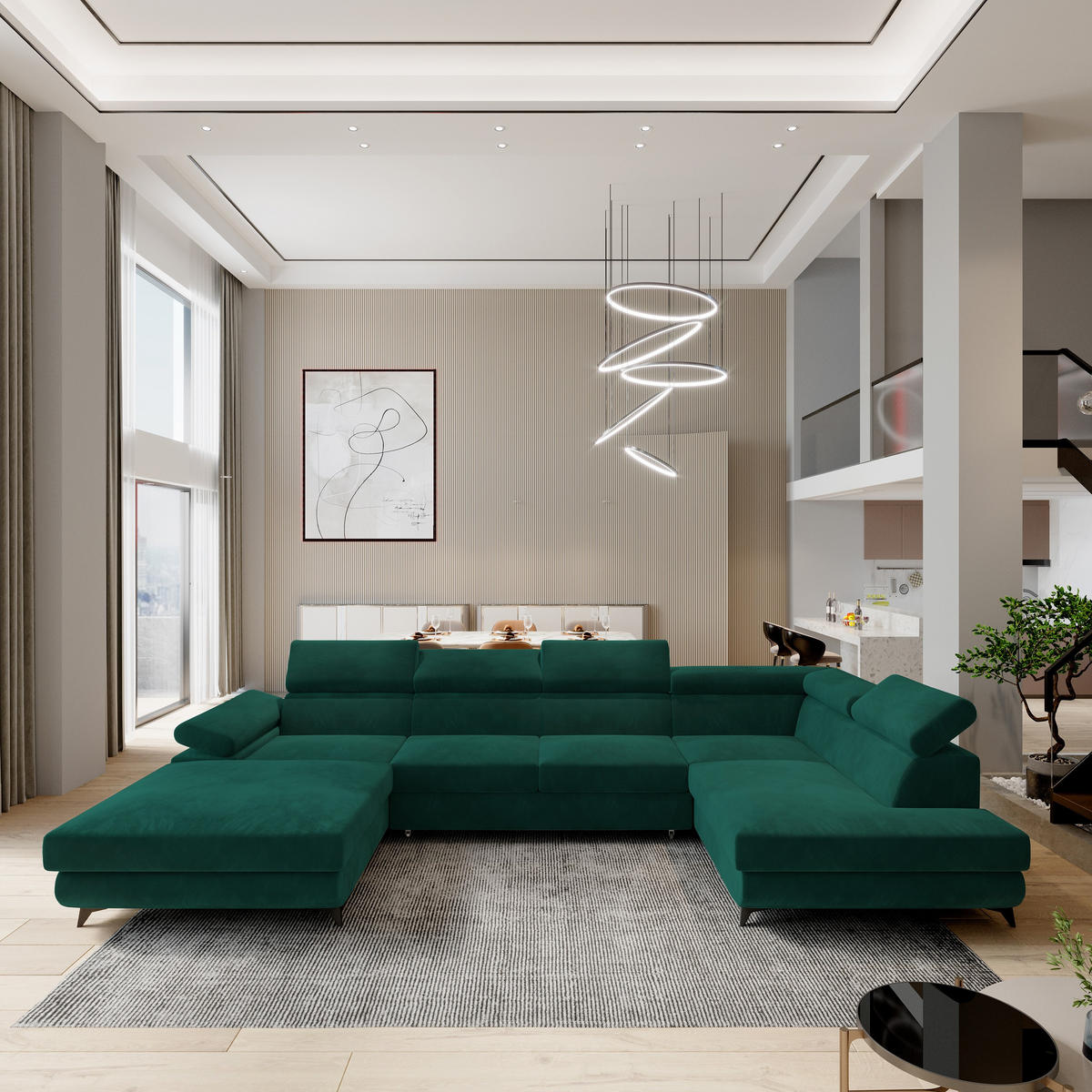 ROHOVÁ SEDAČKA RUBANO tmavě zelená - černá/tmavě zelená, kov/dřevo (339/190cm) - MASSENO