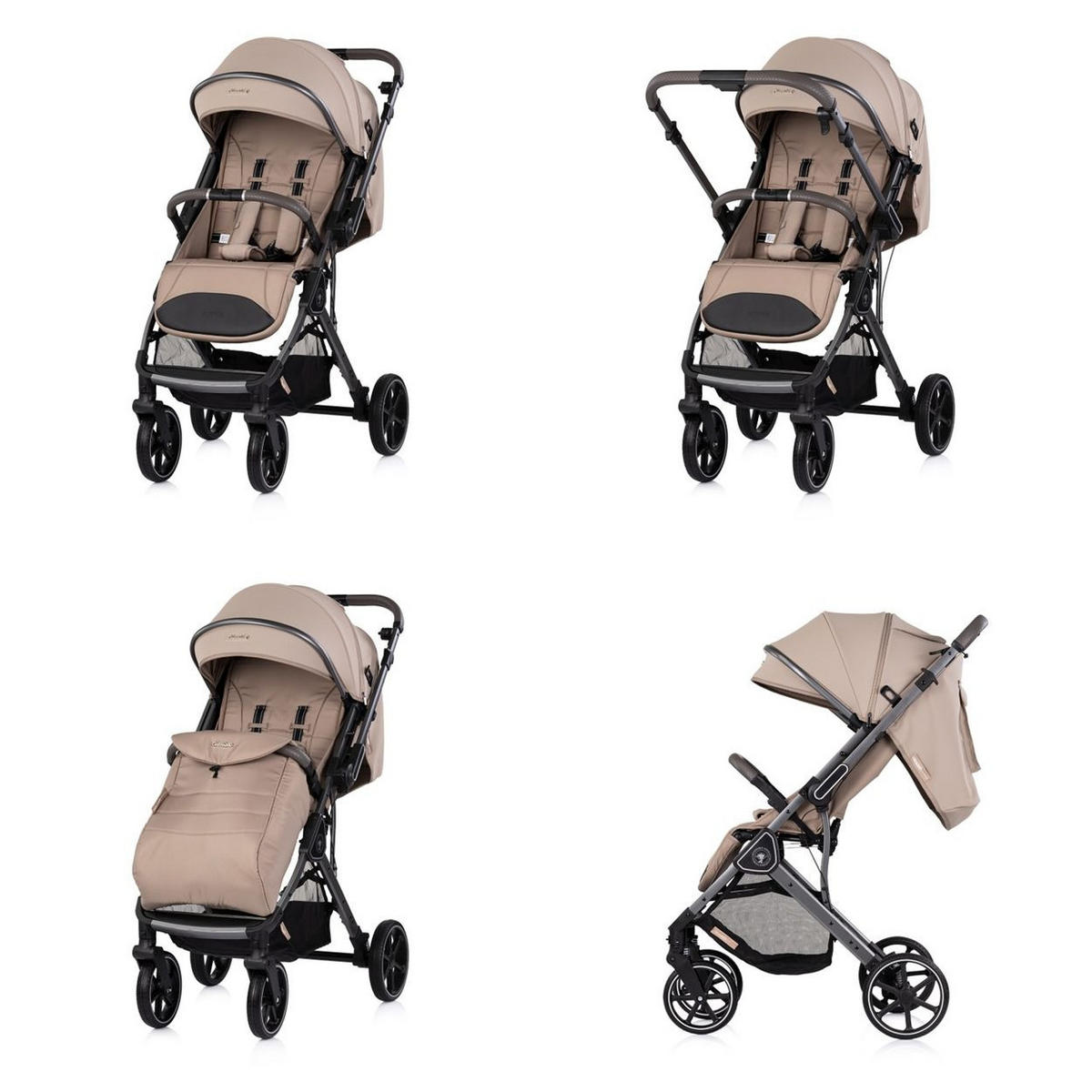 KINDERWAGEN Omnia PU-Räder hellbraun klappbar, Stoßdämpfer, Sonnendach, Fußsack - Braun, Metall (69/63/102cm) - Chipolino