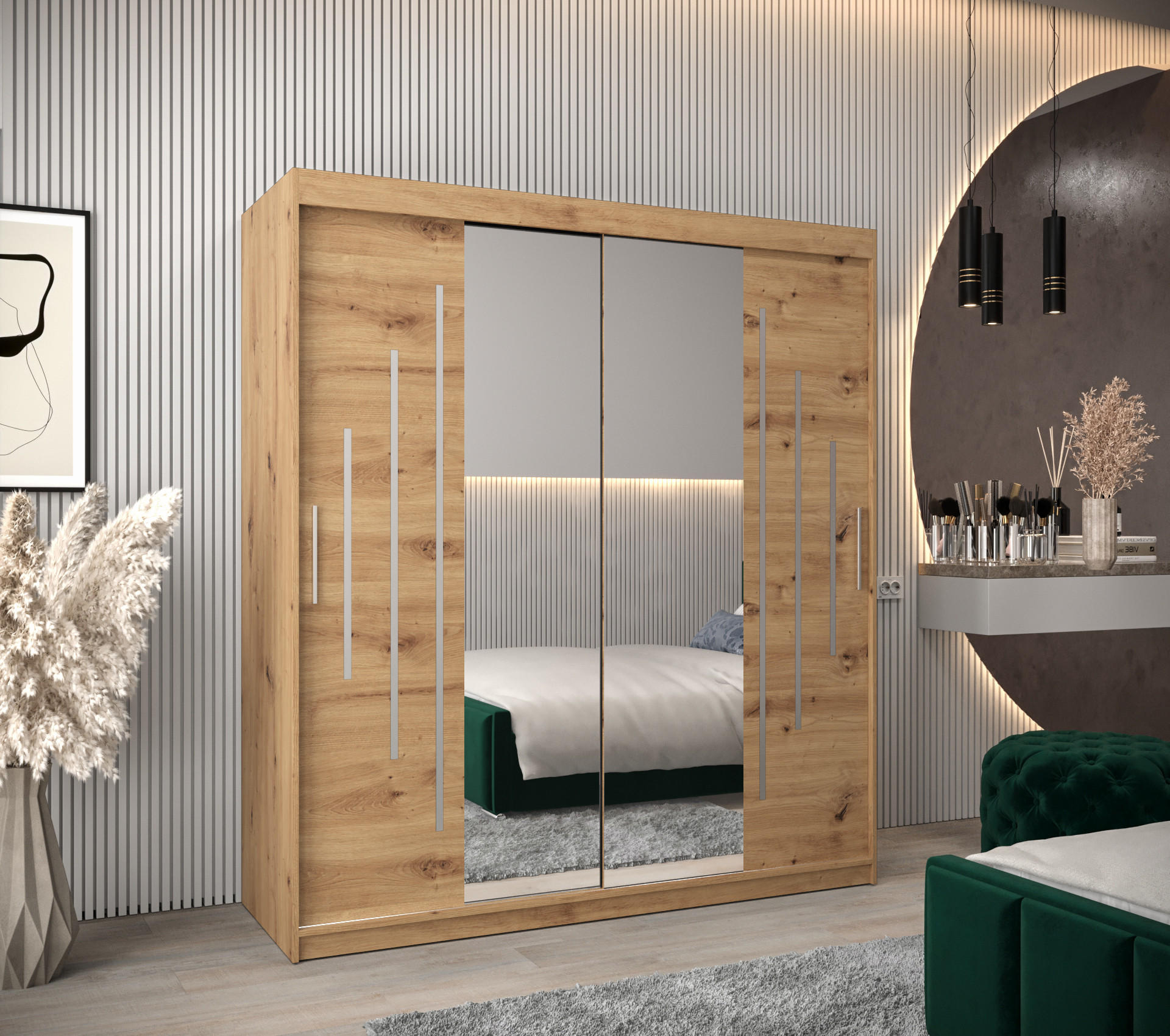 SCHWEBETÜRENSCHRANK 200/180/62 2-türig - Silberfarben/Eiche Artisan, Holz/Kunststoff (180/200/62cm) - Abiks Möbel