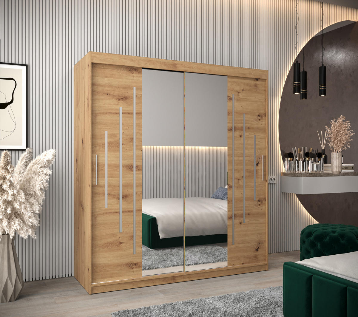 SCHWEBETÜRENSCHRANK 200/180/62 2-türig - Silberfarben/Eiche Artisan, Holz/Kunststoff (180/200/62cm) - Abiks Möbel