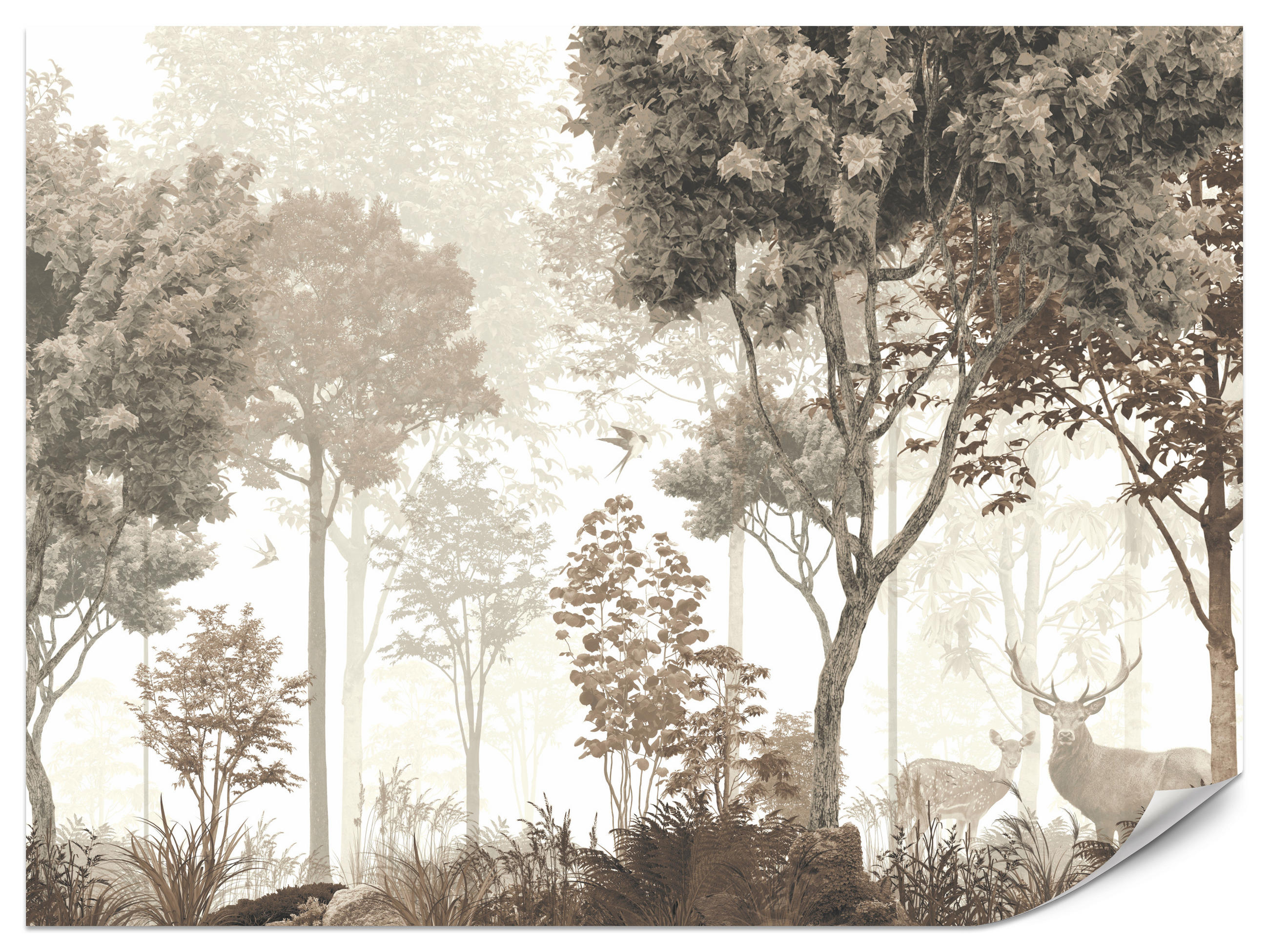 FOTOTAPETE für Esszimmer Vintage Wald Bäume Hirsche 500x350 - Gelb/Beige, Papier (500/350cm) - Muralo