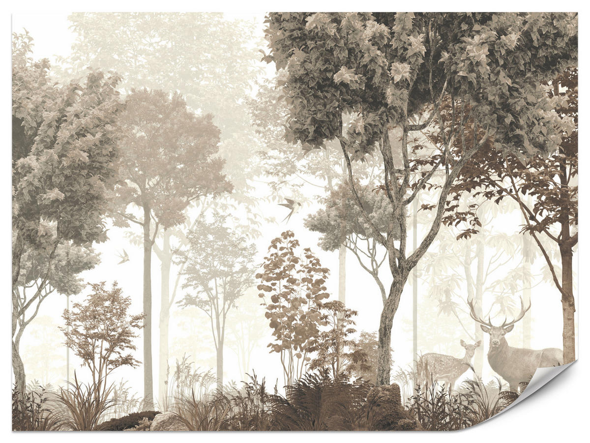 FOTOTAPETE für Esszimmer Vintage Wald Bäume Hirsche 500x350 - Gelb/Beige, Papier (500/350cm) - Muralo