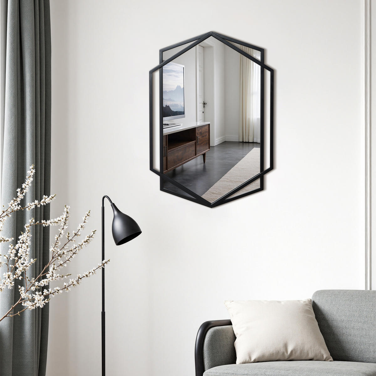 HEXAGON Wandspiegel Schwarz 71x50cm - Schwarz, Glas (3/71/48.5cm) - Hometopia