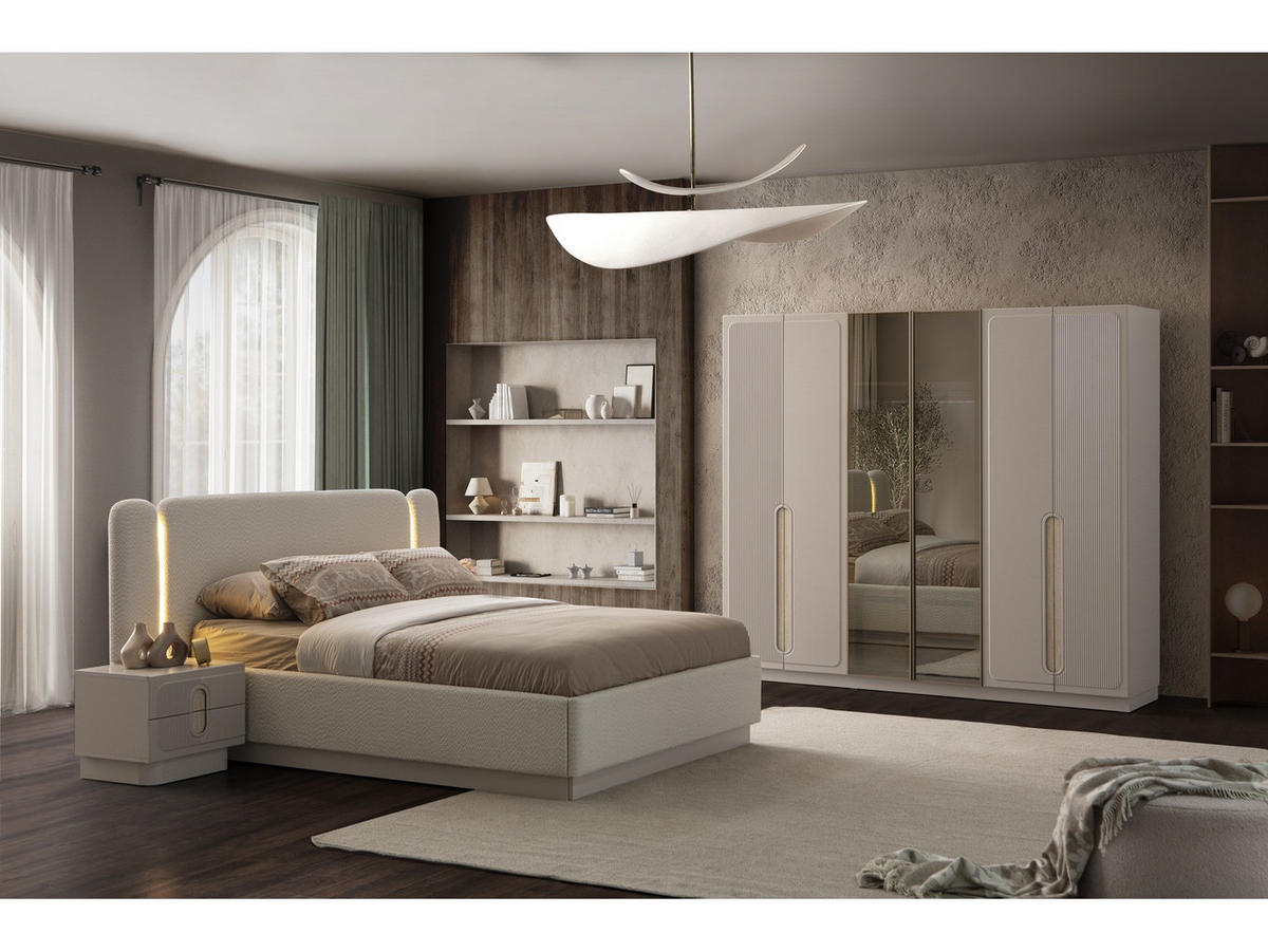 BETTANLAGE VALORIA Schlafzimmer-Set, 5-teilig, Creme, Bett mit Kopfteil 2 Nachttischen Kommode und Kleiderschrank - Creme, Leder/Holzwerkstoff (160/200cm) - Villa Möbel