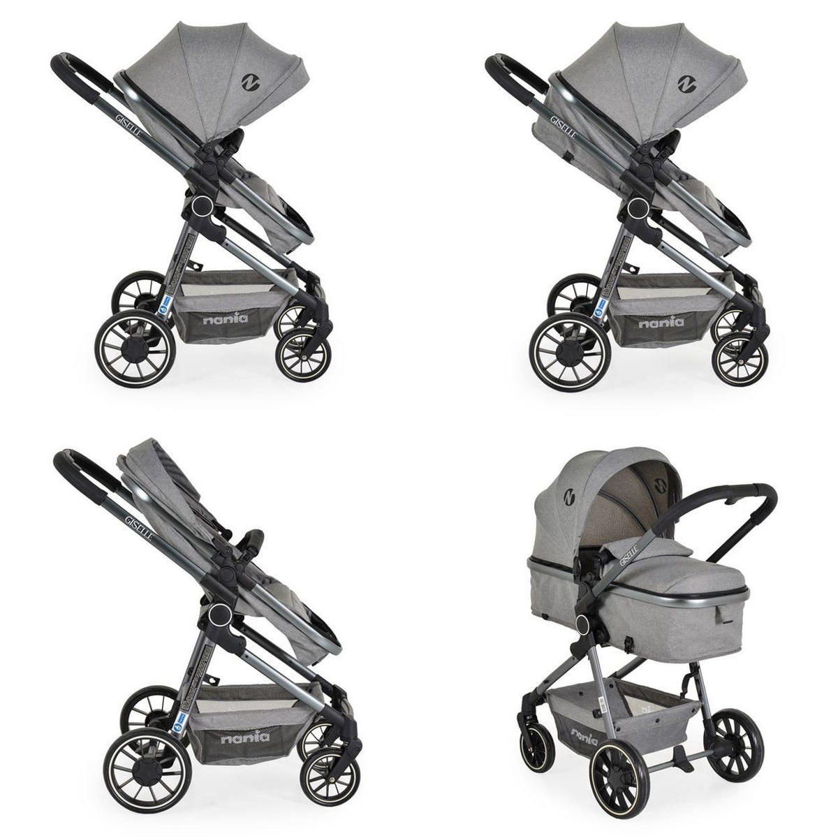 KOMBIKINDERWAGEN Giselle 2 in 1 grau umbaubar Korb klappbar 5-Punkt-Gurt 22 kg - Grau, Metall (88/55/108cm) - Moni