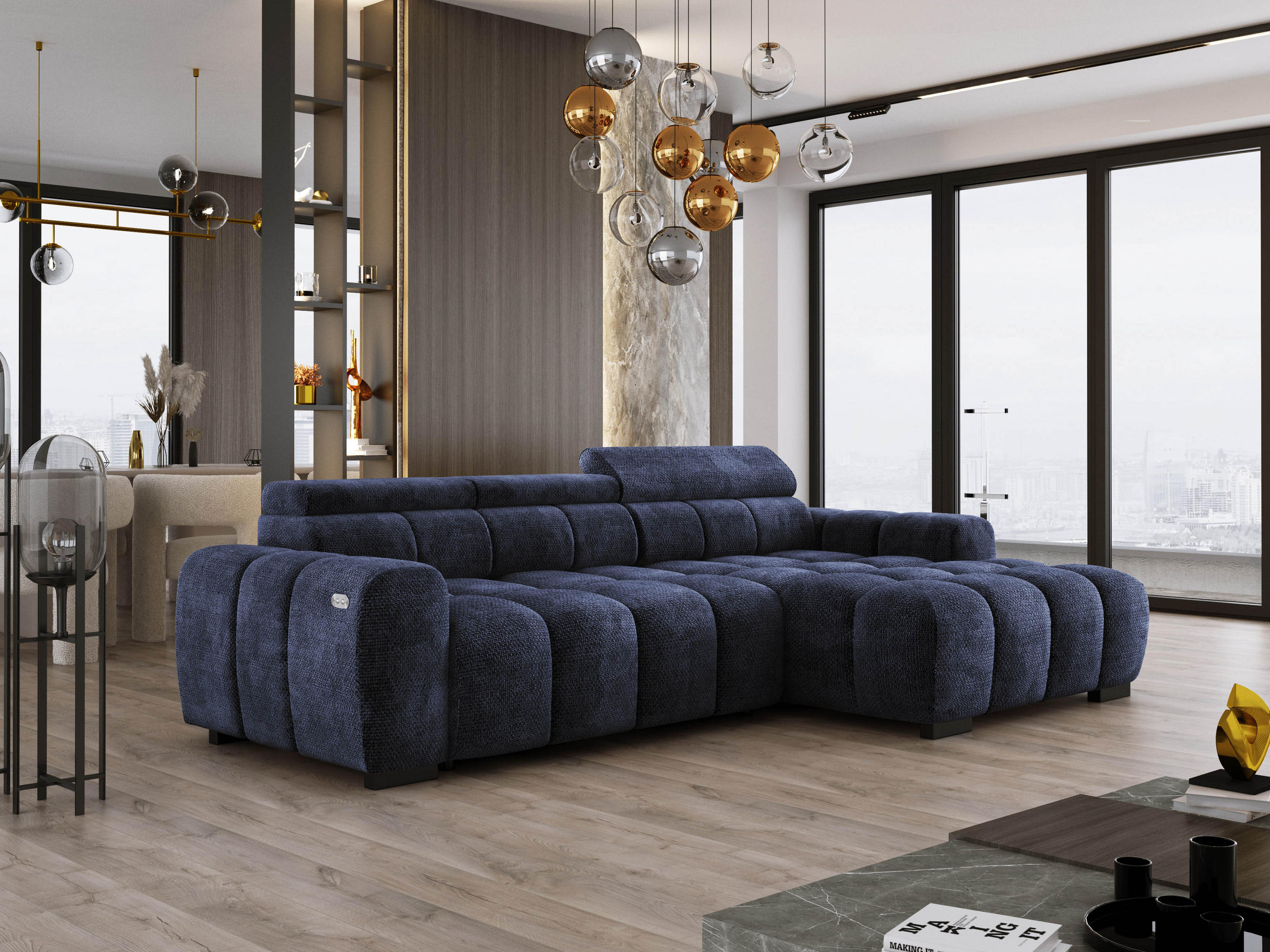 ECKSOFA OMBO 285x168x77/97 cm, Rechts, Schlaffunktion, elektr. Sitz, Kopfstützen, hydrophober EDEN-Stoff – Dunkelblau - Dunkelblau, Holz/Textil (285/168cm) - DomoHome