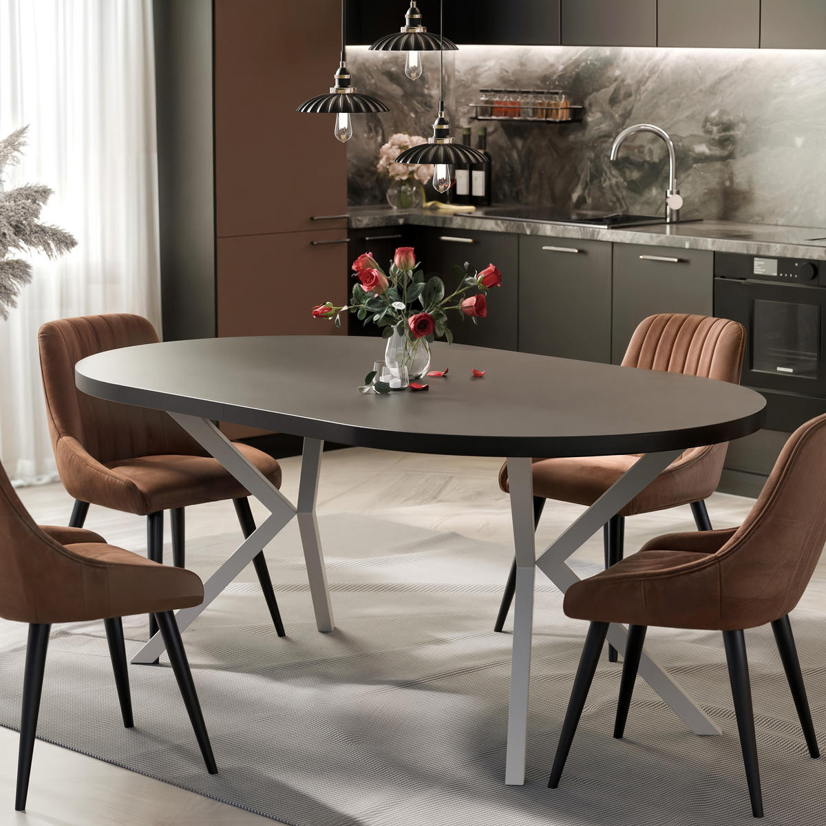 AUSZIEHTISCH MILTON 90-166/76 cm mit Metallgestell, Kaschmir / Schwarz Molet - Kaschmir/Schwarz, Holzwerkstoff/Metall (90/90/76cm) - Idohome