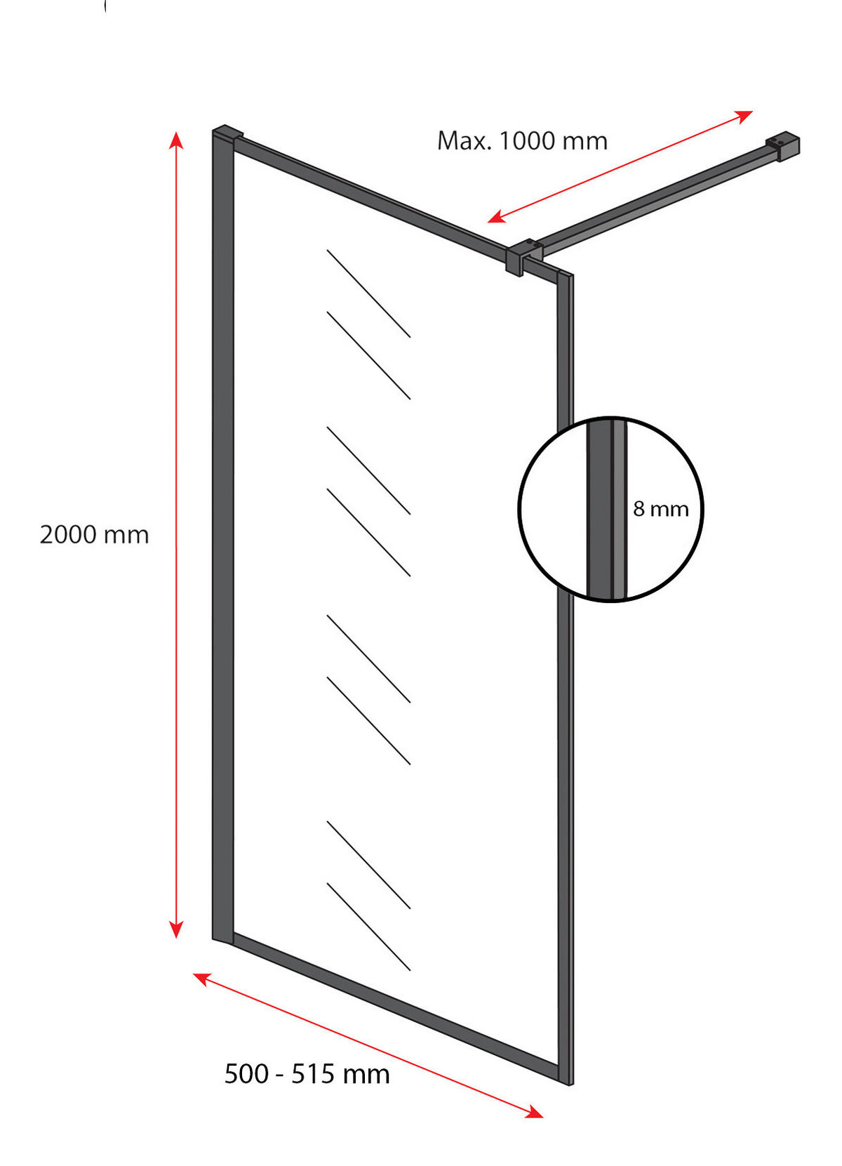 DUSCHWAND Georgia - 50 x 200 cm - Schwarz - Walk-In Duschabtrennung aus Sicherheitsglas - Schwarz, Glas (50/200cm) - Badplaats