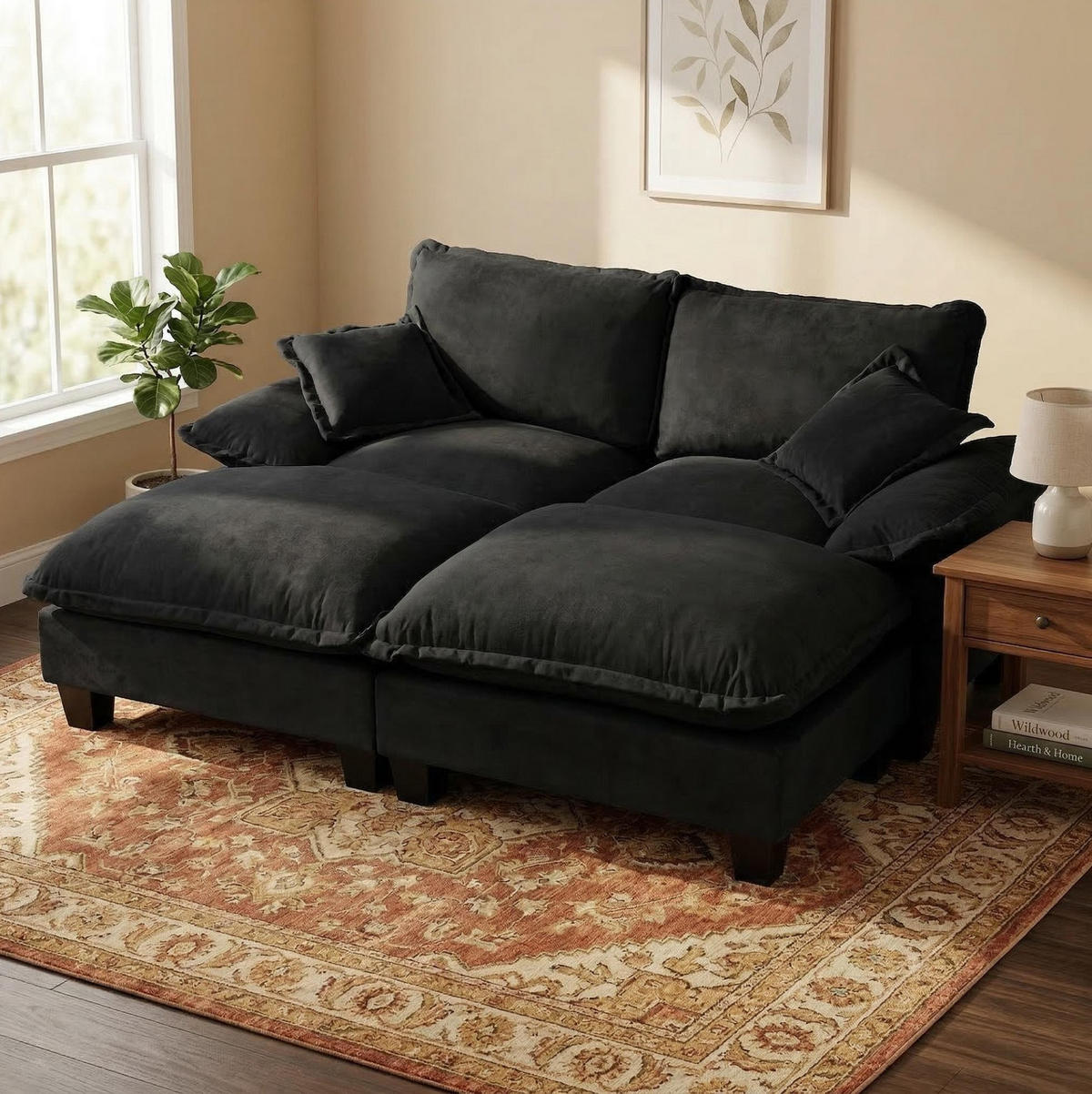 ECKSOFA 194/151/90 cm schwarz aus Chenille mit Ottomanen - Schwarz, Textil (151/194cm) - OKWISH