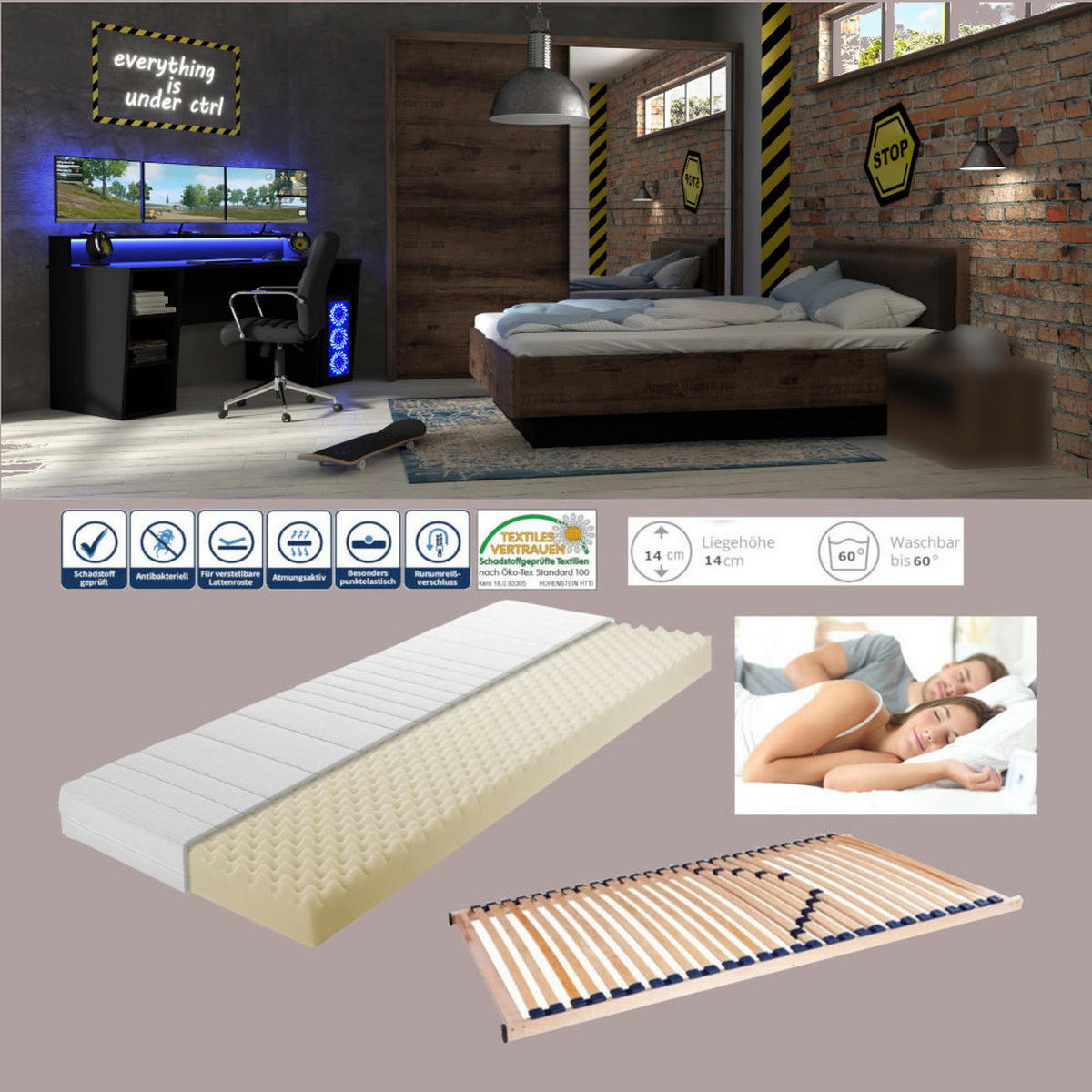 JUGENDZIMMER Tezaur "Jacky" in Schlammeiche, Schwarz und Schwarzeiche 5 teilig mit RGB LED, Lattenrost und Matratze - Braun, Holzwerkstoff (120/200/80cm)