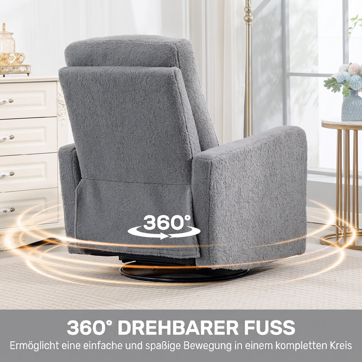 RELAXSESSEL, Fernsehsessel mit Liegefunktion, Wippfunktion, Fleece-Optik Grau - Grau, Textil/Metall (76/100/94cm) - HOMCOM