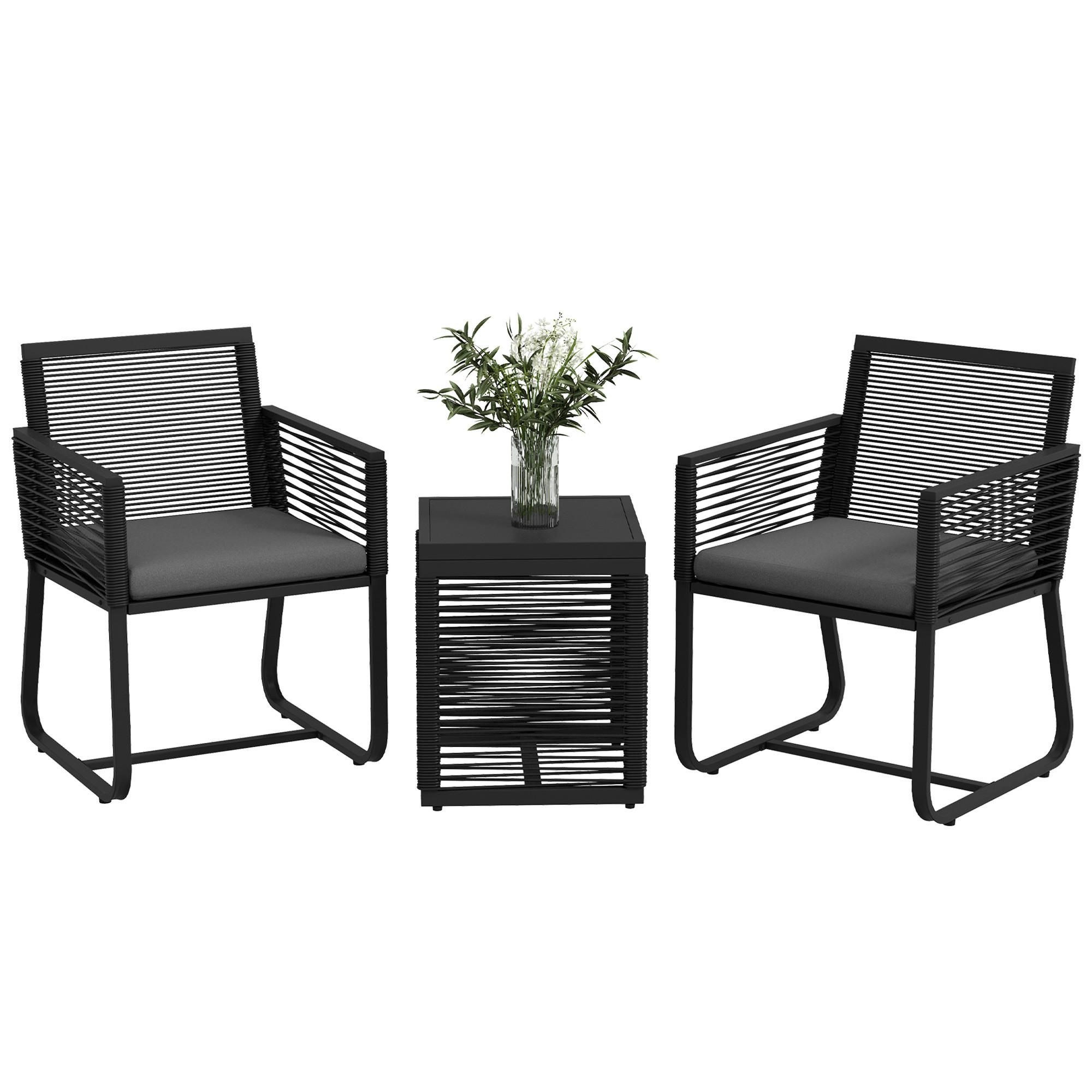 BISTRO-SET DE-06711 3-teilig, wetterbeständig, Glasplatte Schwarz/Grau - Schwarz, Kunststoff/Metall - ComfortXL