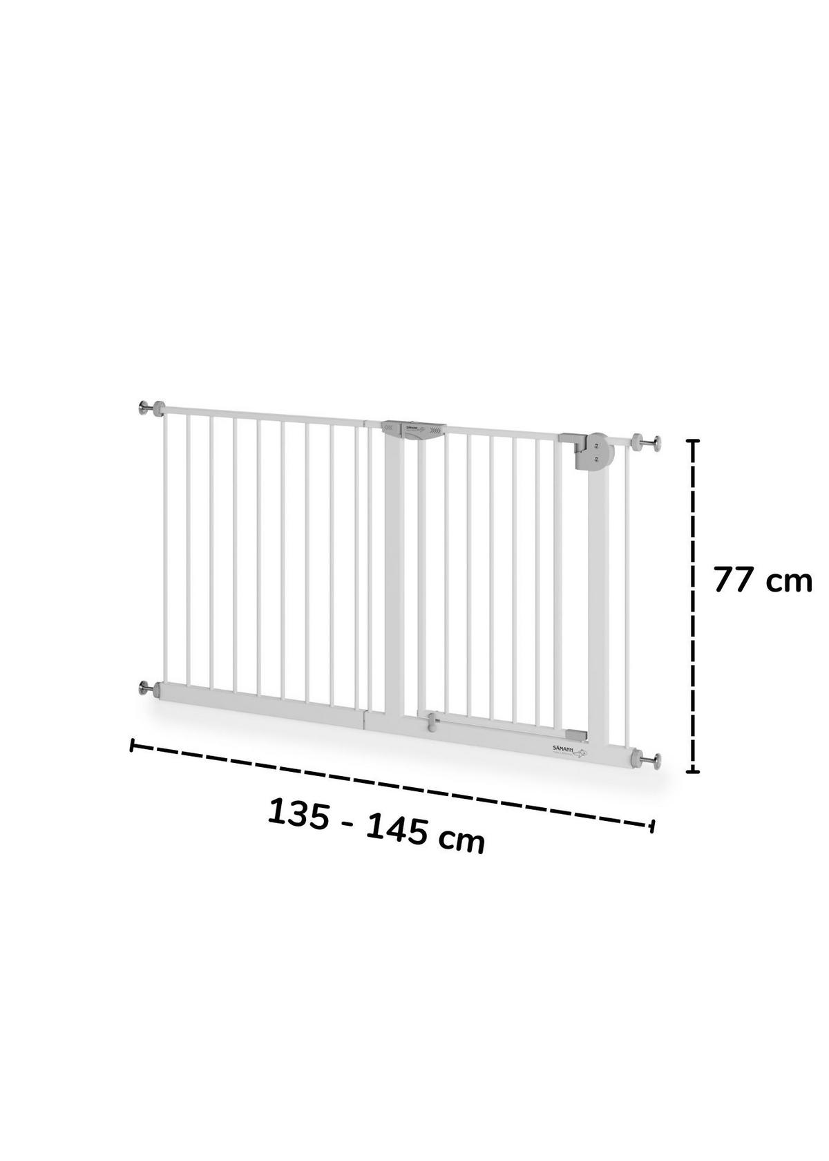 TÜRSCHUTZGITTER & Treppenschutz mit 4x Elefantenfuß, Tür mit 90° Stop, ohne Bohren 135-145 cm - Weiß, Metall (145/5cm) - Sämann – make a difference.