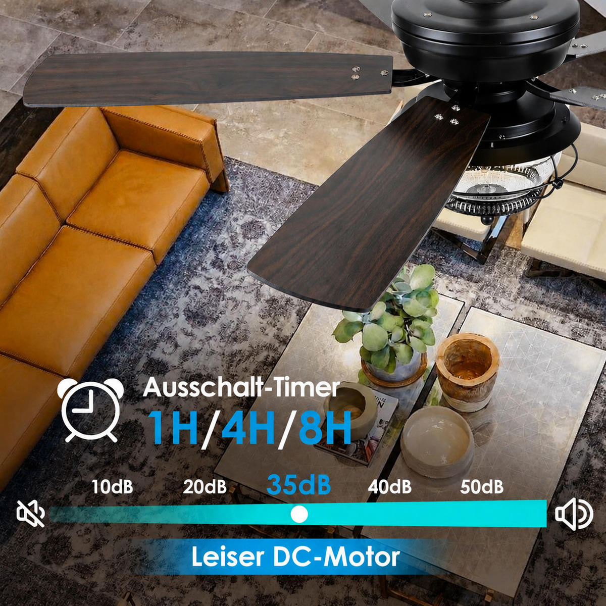 DECKENVENTILATOR für geschützte Außenbereiche Schwarz 132 cm mit LED und leisem DC-Motor 5012 - Schwarz, Metall (132/132/53cm) - Surtime
