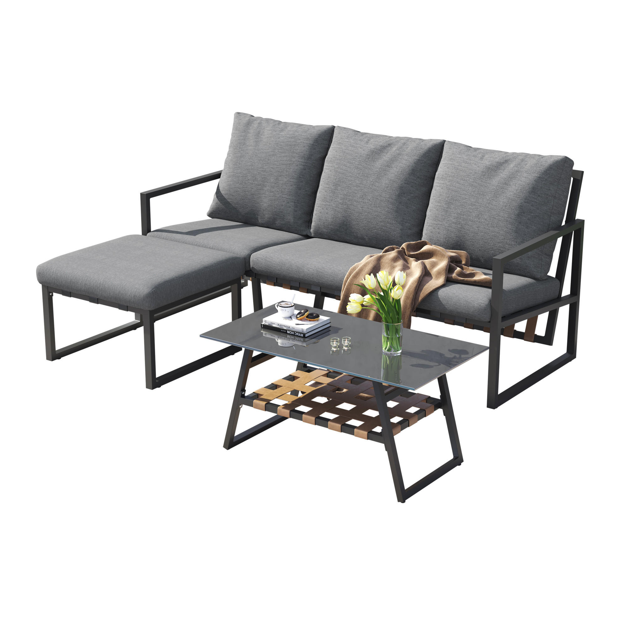 LOUNGE-SET mit Couchtisch und Fußhocker, flexible Kombination und Glasplatte, Grau - Grau, Textil - Redom