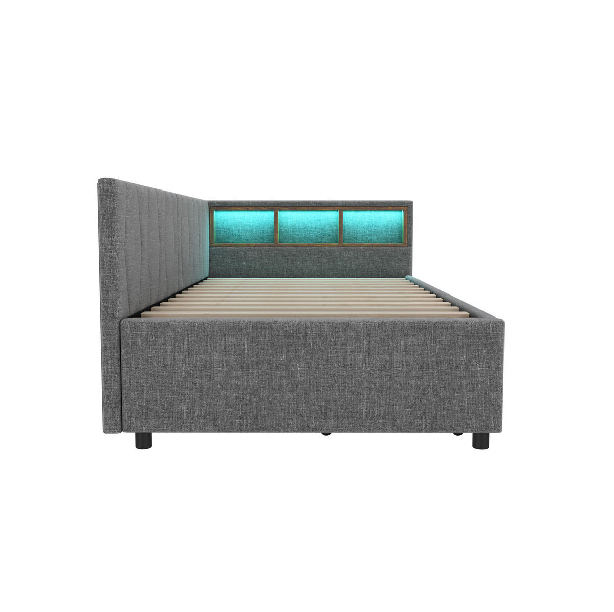 POLSTERBETT aus Leinen 90x200 cm in Grau mit LED, USB-C & 2 Schubladen - Grau, Textil (90/200cm) - Modfu
